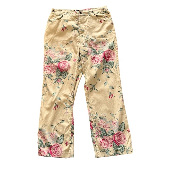 Hunt Club Cream Beige and Pink Floral Cotton Linen Wide Leg Pants size 16 - Picture 2 of 11